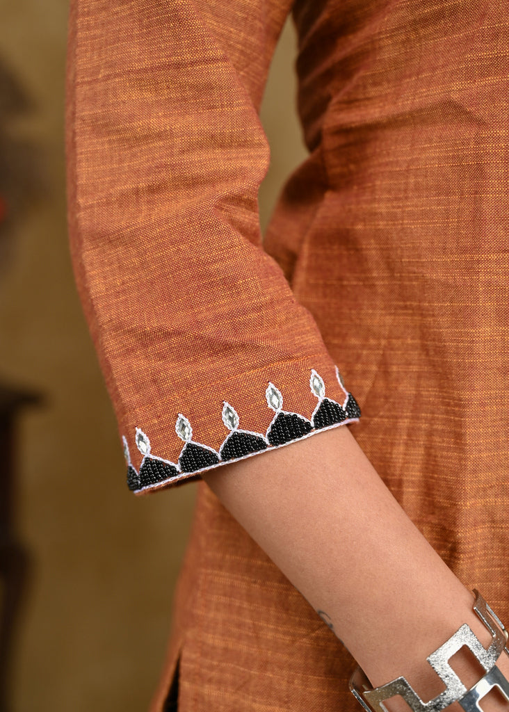 Rust Cotton Top with Delicate Embroidery on Neckline and Sleeves