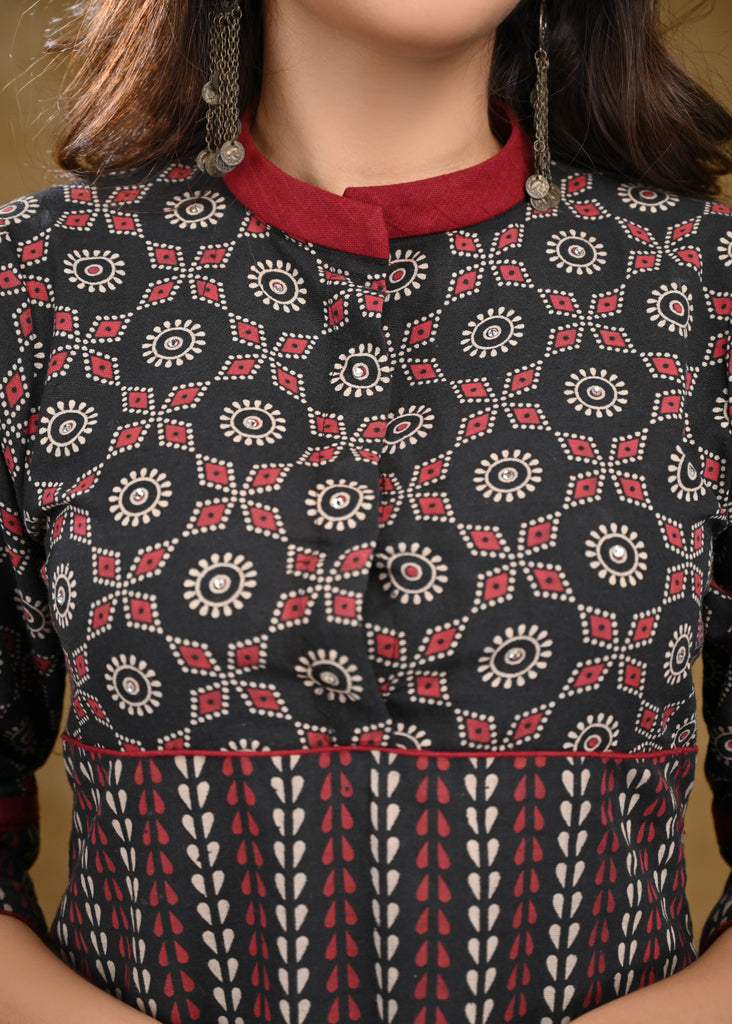 Black And Red Ajrakh Combination Top with Maroon Chinese Collar