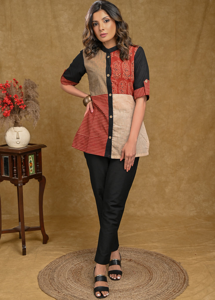 Cotton Ajrakh Top with Ambi Ajrakh and Stipes Ajrakh Combination