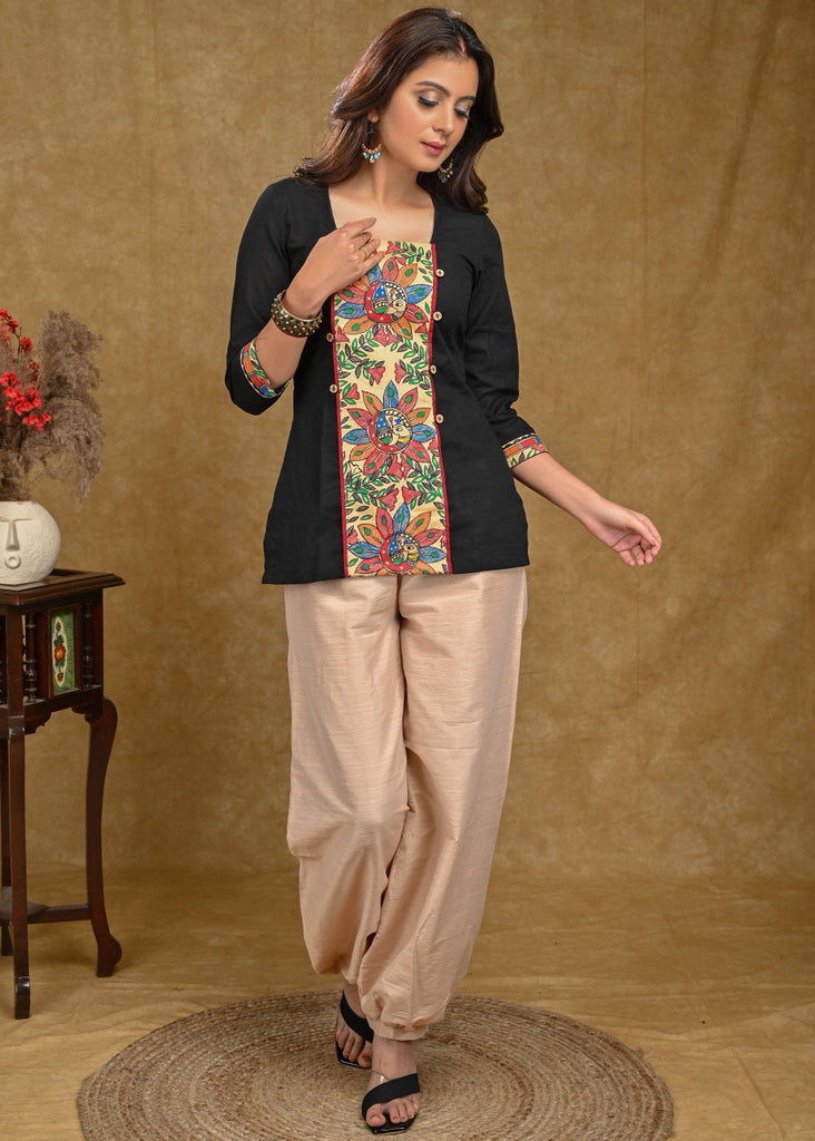 Black Cotton Top with Exclusive Madhubani Painting Patch