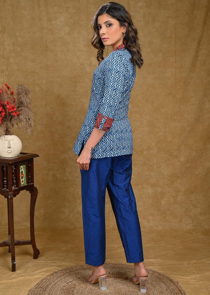 Breezy Zig-Zag Indigo Top with Ajrakh Collar
