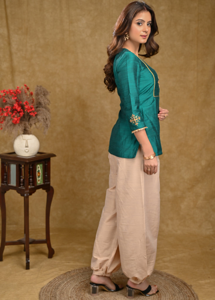 Teal Cotton Silk Top with Delicate Work on Yoke