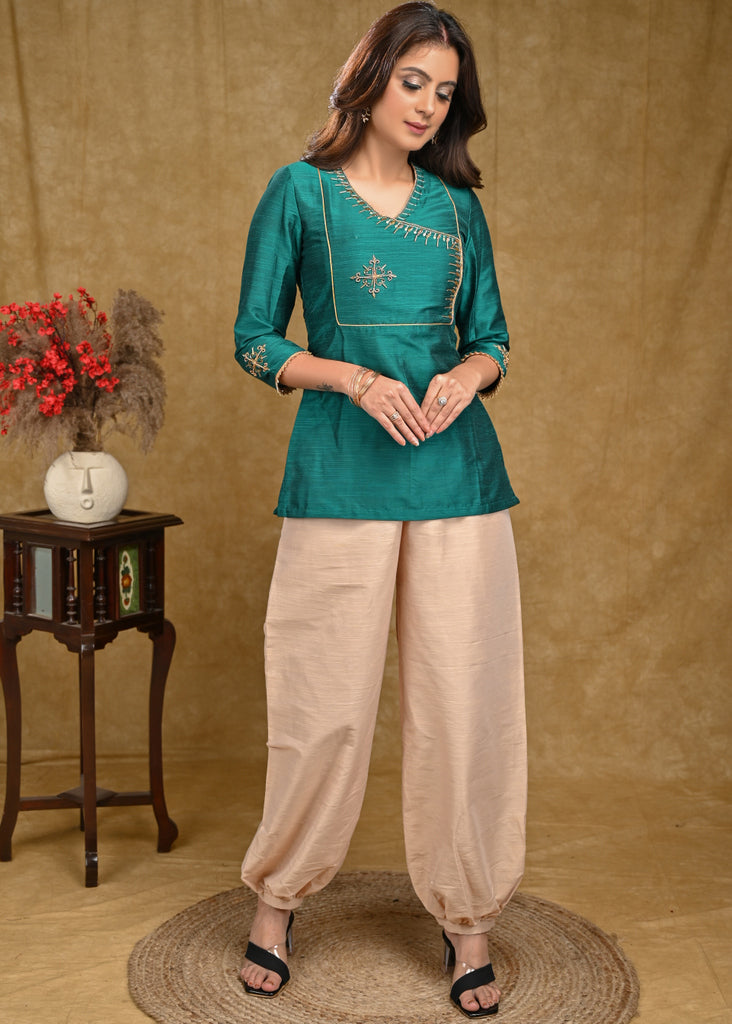 Teal Cotton Silk Top with Delicate Work on Yoke