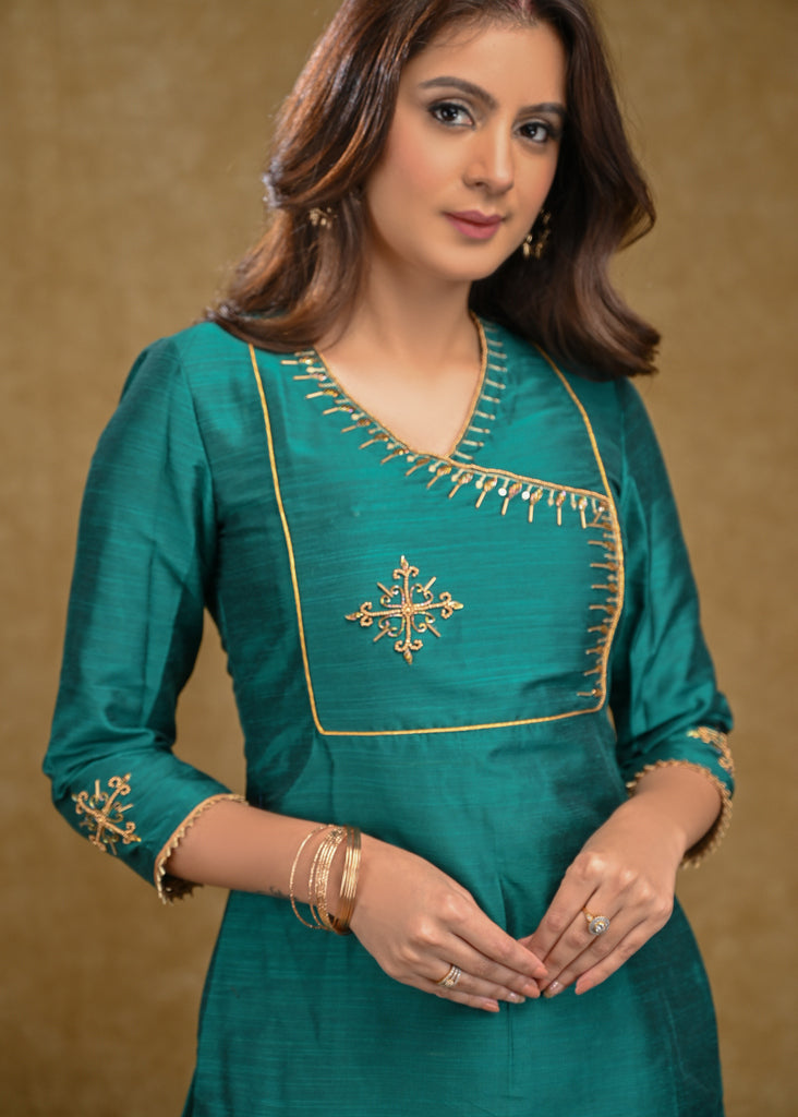 Teal Cotton Silk Top with Delicate Work on Yoke