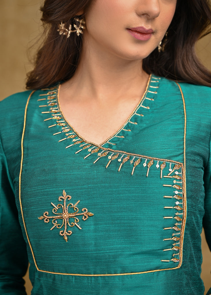 Teal Cotton Silk Top with Delicate Work on Yoke