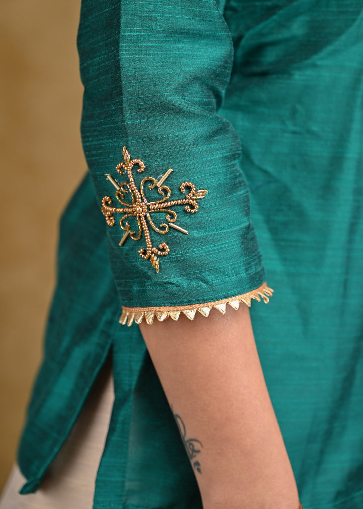 Teal Cotton Silk Top with Delicate Work on Yoke