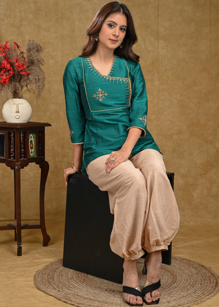 Teal Cotton Silk Top with Delicate Work on Yoke