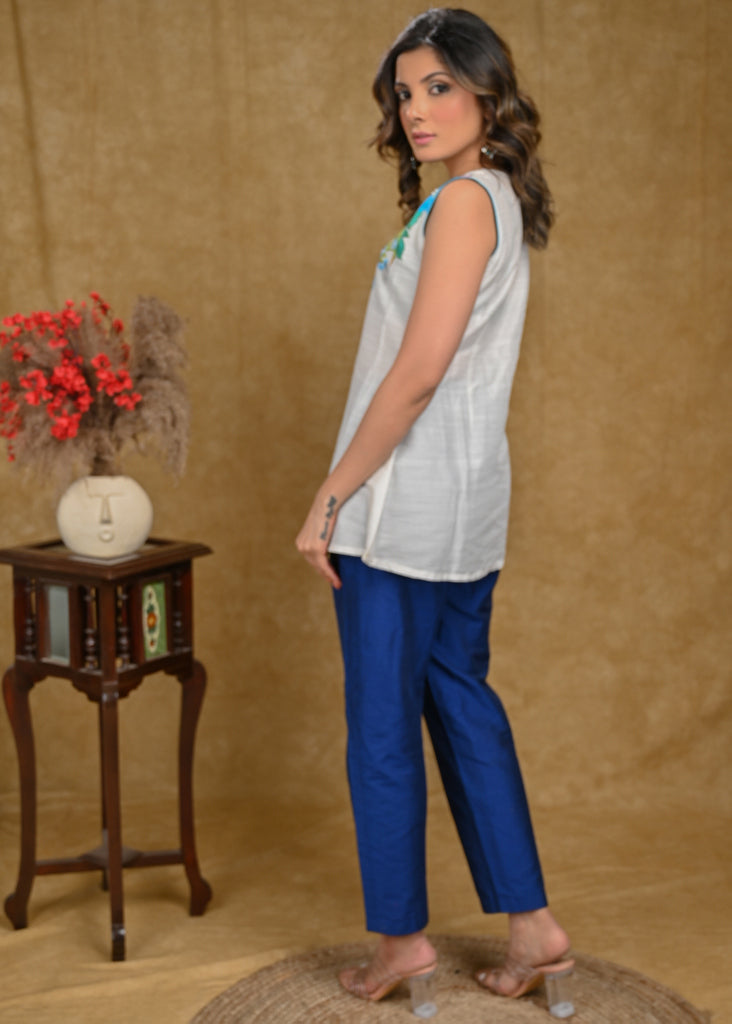 Sleeveless White Cotton Silk Hand painted Top with Moti work