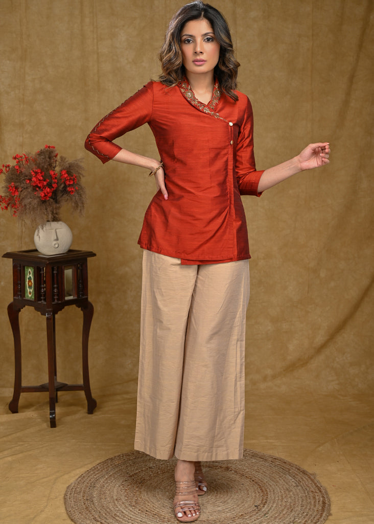 Rust Cotton Silk Top with Delicate Handwork
