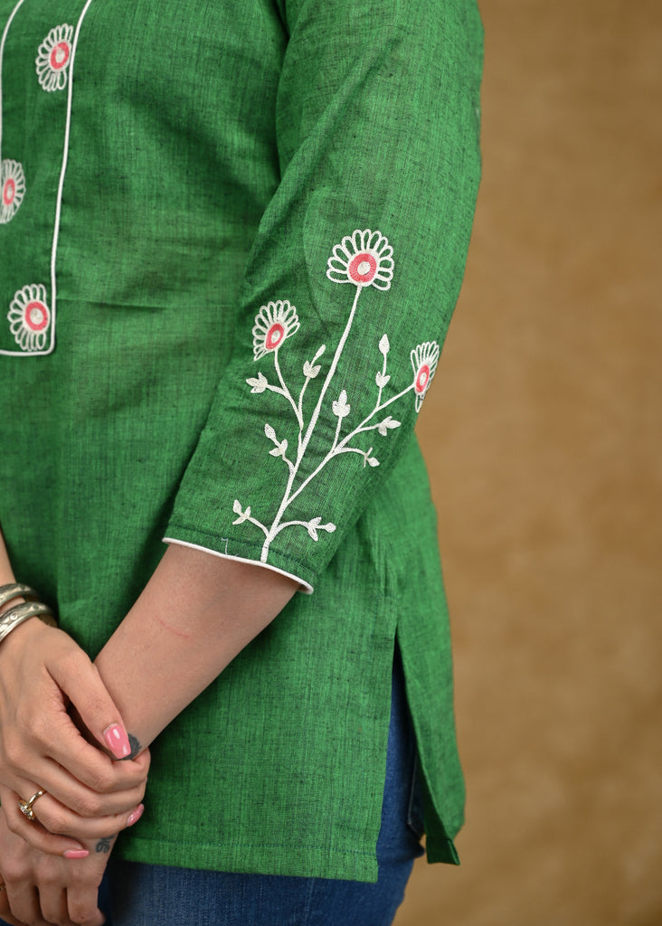 Beautiful green Cotton Top with delicate machine embroidery