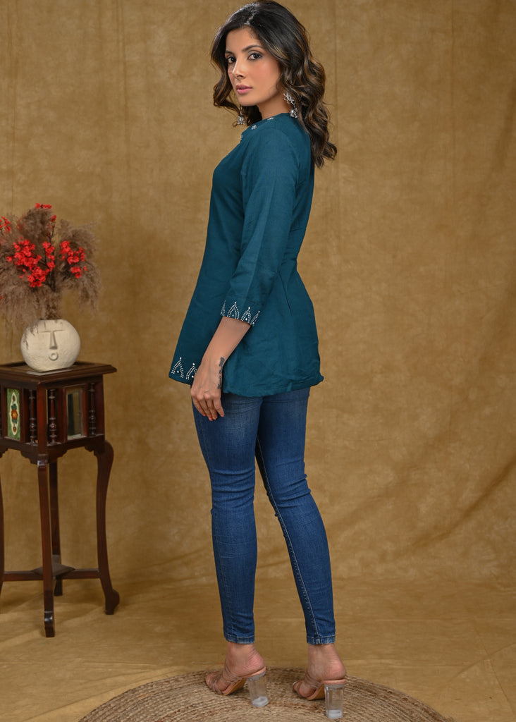 Exclusive Cotton Blue Top with Gond Painting