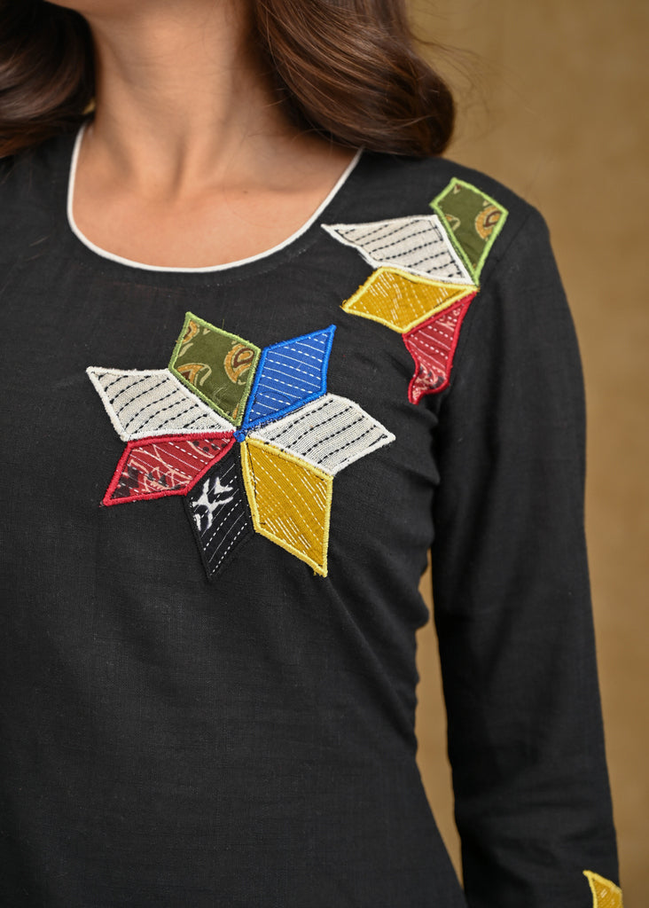 Exclusive Black Cotton Patchwork Top