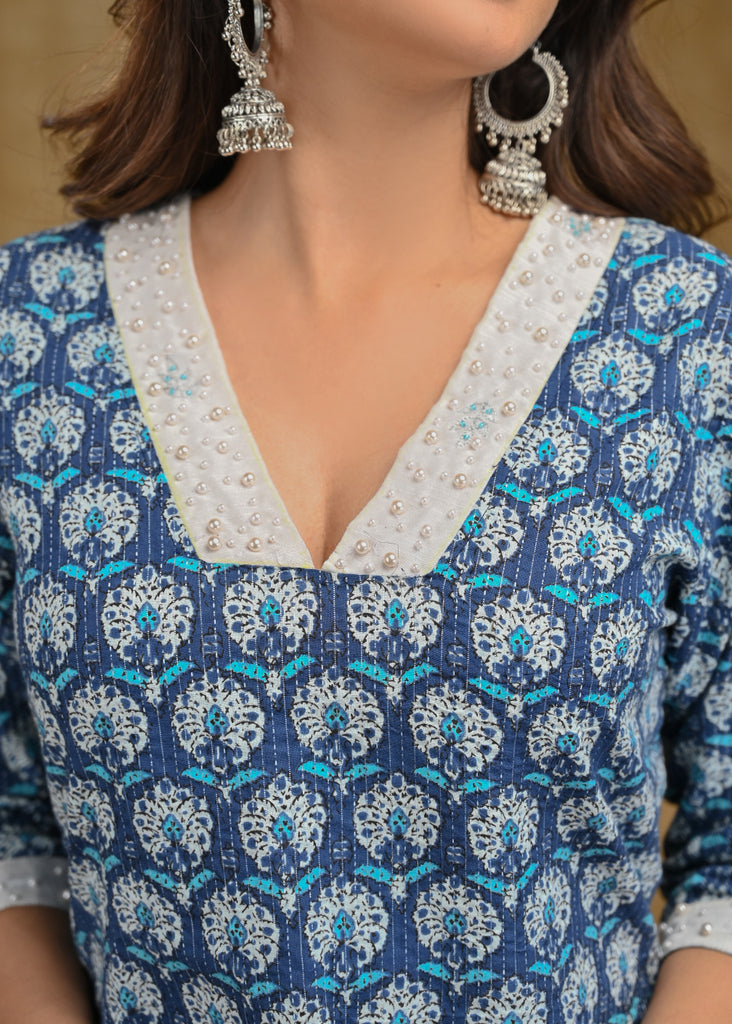 Blue Kantha Cotton Top with Pearl Embroidery
