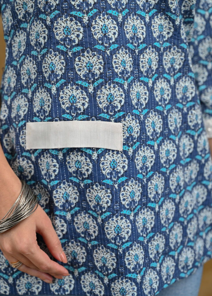 Blue Kantha Cotton Top with Pearl Embroidery