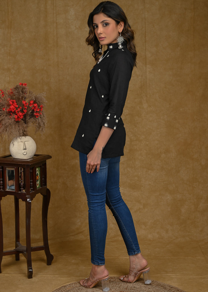Black Cotton Top with White All Over Embroidery and Ikat collar