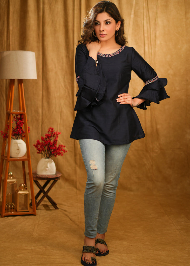 Navy Blue Cotton Top with Embroidery on Neckline & Ruffle Sleeves