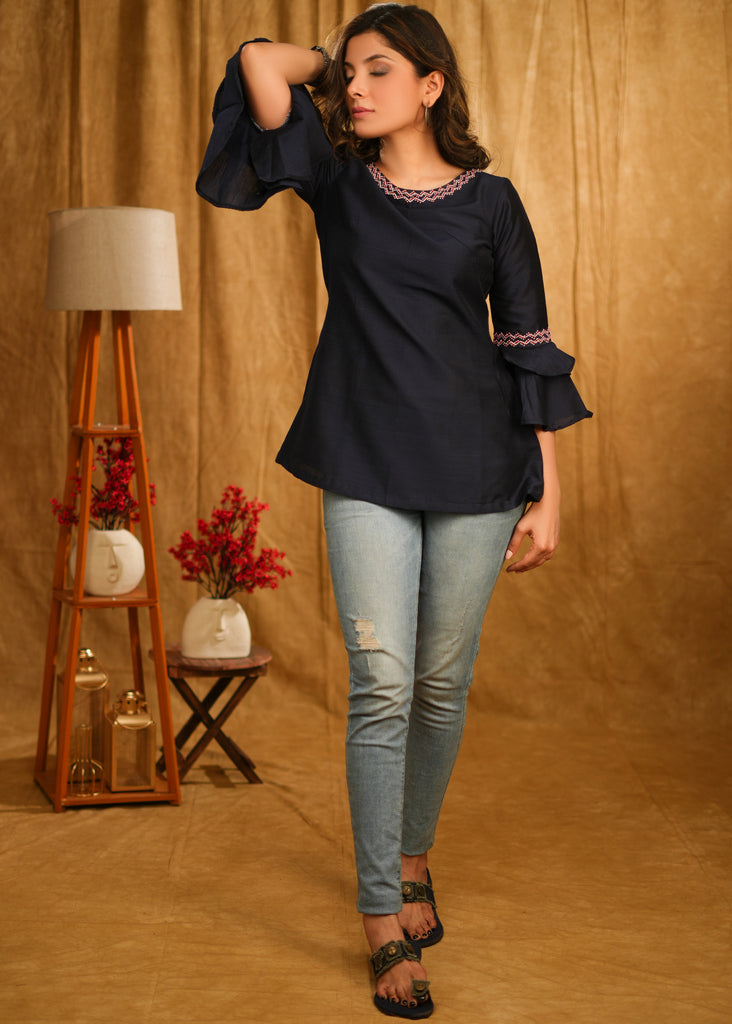 Navy Blue Cotton Top with Embroidery on Neckline & Ruffle Sleeves
