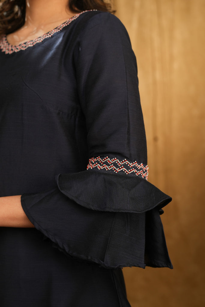 Navy Blue Cotton Top with Embroidery on Neckline & Ruffle Sleeves