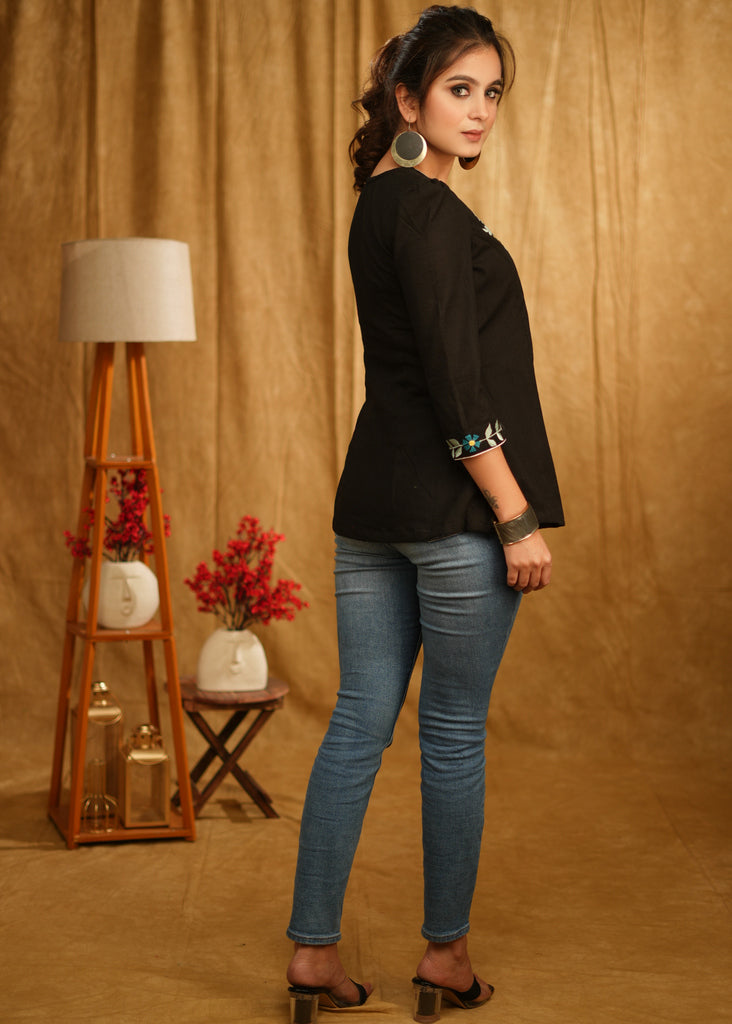 Elegant Casual Black Cotton Crossover Top with Beautiful Floral Embroidery on Yoke and Sleeves with Side Tie-Up
