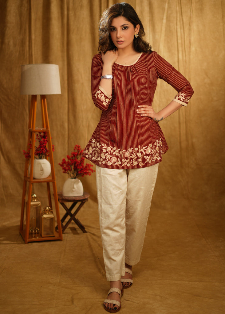 Exclusive Maroon Stripe Ajrakh Top with Beautiful Floral Embroidery on Hem and Sleeves
