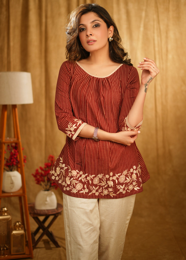 Exclusive Maroon Stripe Ajrakh Top with Beautiful Floral Embroidery on Hem and Sleeves
