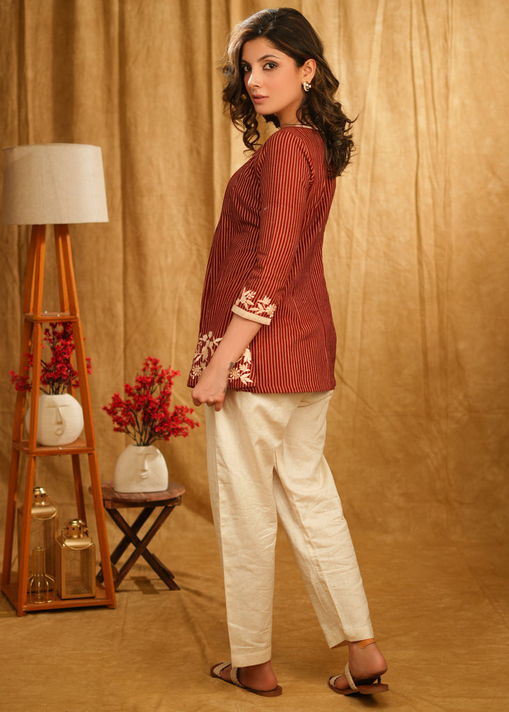 Exclusive Maroon Stripe Ajrakh Top with Beautiful Floral Embroidery on Hem and Sleeves