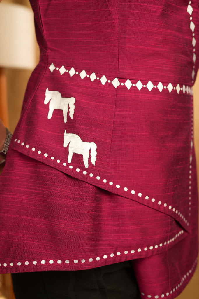 Rose Pink Cotton Silk Overlap Top with Handpainted Horse Motifs