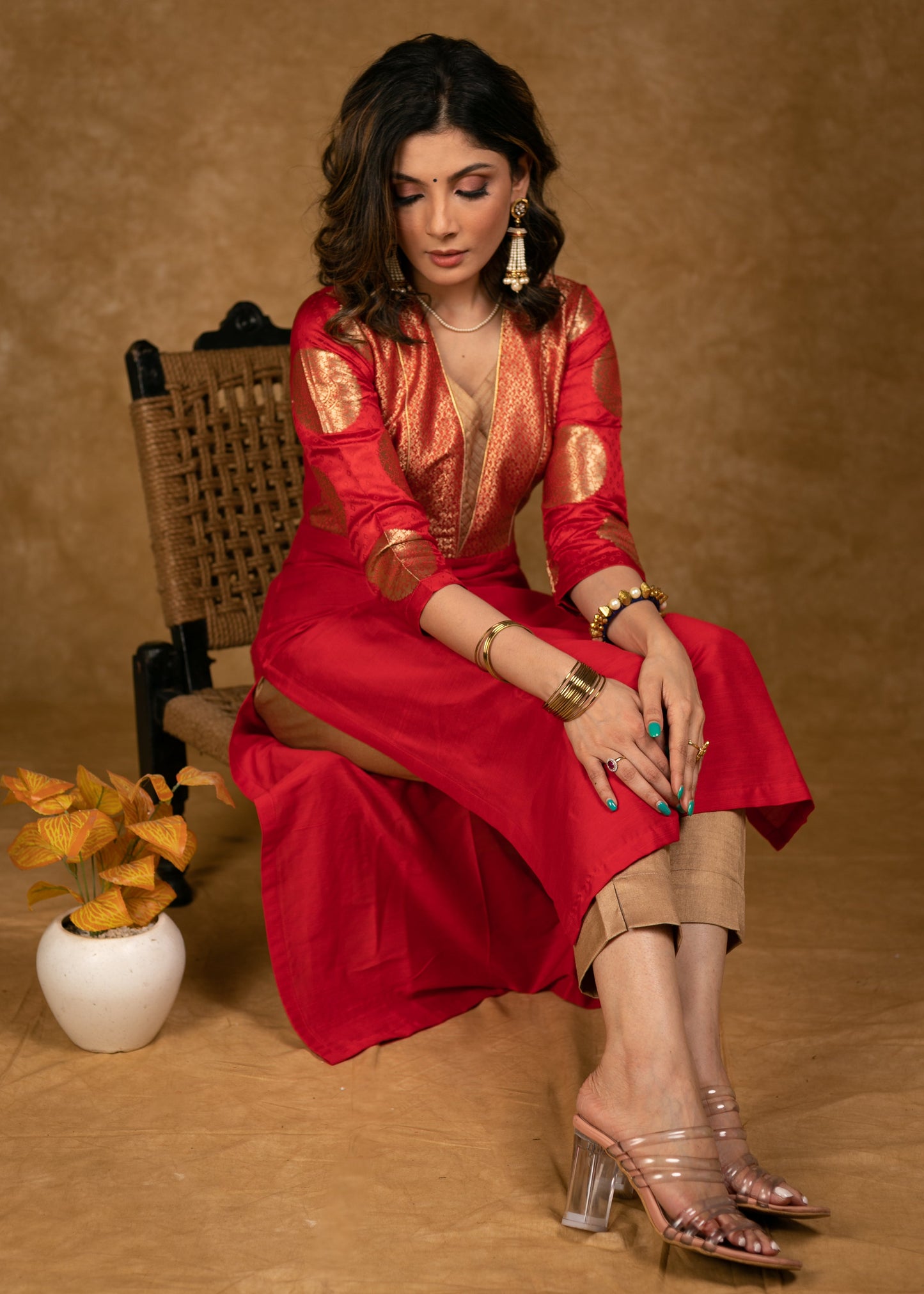 Party Wear Red Cotton Silk Kurta with Brocade Yoke and Sleeves - Pant Optional