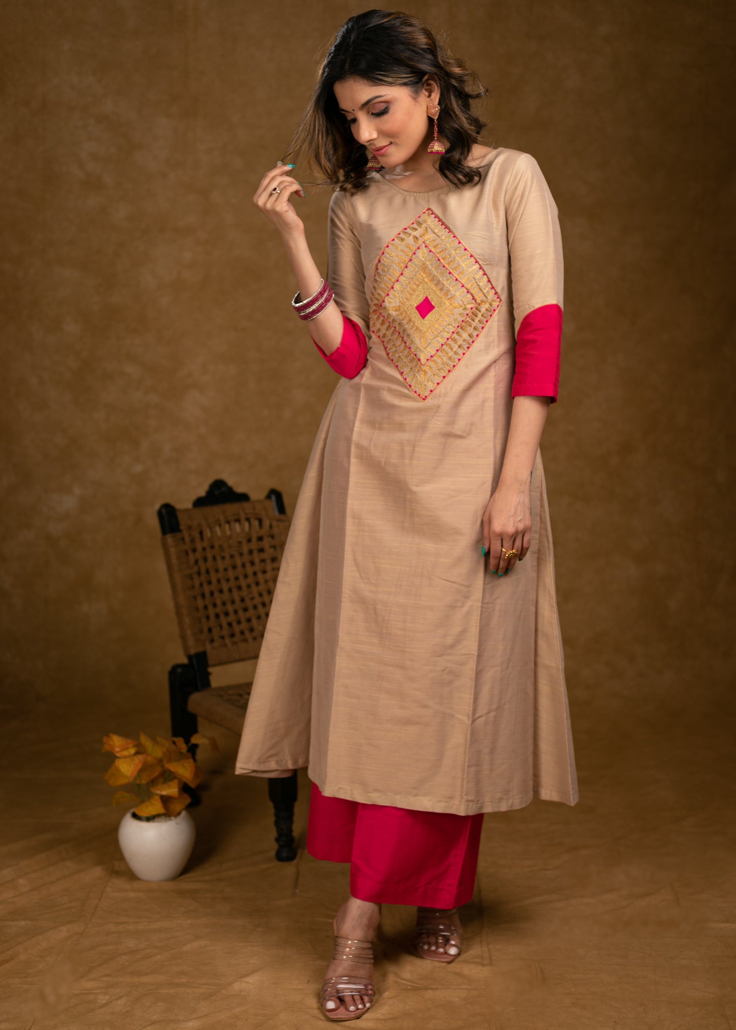 Exclusive Beige Cotton Silk Kurta Highlighted with Classy Zari Work and Dupatta - Pant Optional