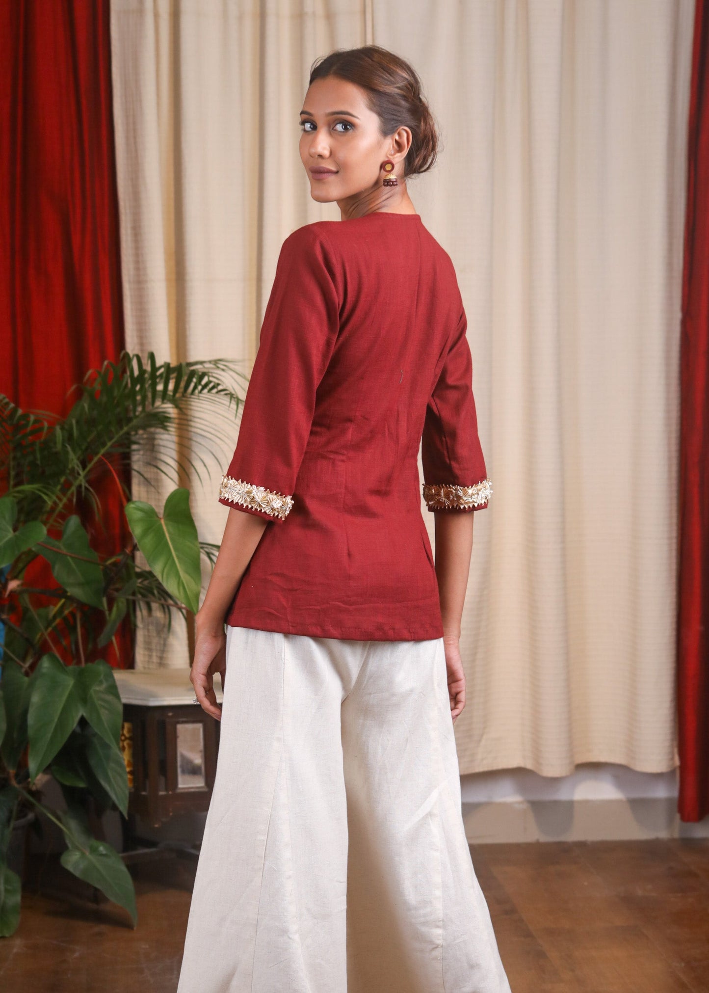 Gota Patti Hand Embroidered Maroon Cotton Top
