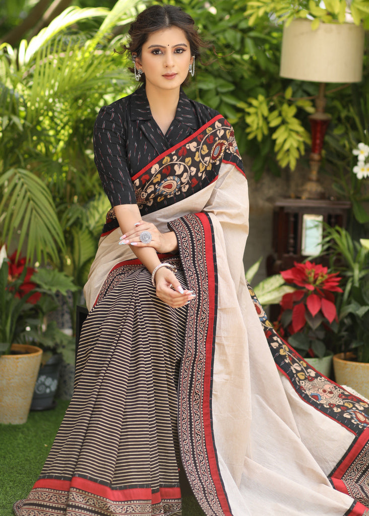Regal cotton line Ajrakh saree with cream Pallu and Kalamkari border