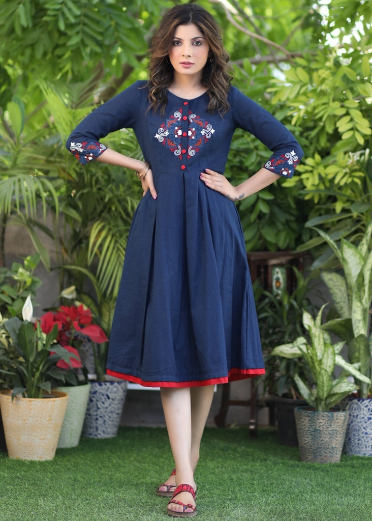 Classy Cotton Navy Blue Dress with Embroidered Yoke and Sleeves – SujatraCA