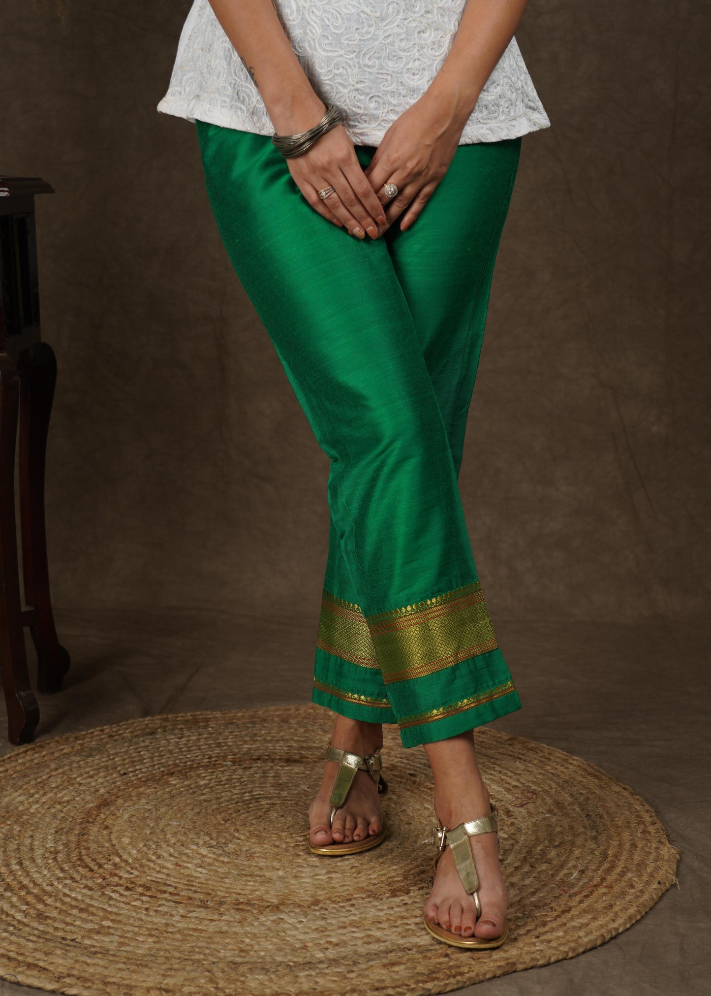 Green cotton silk narrow pant with banarasi border