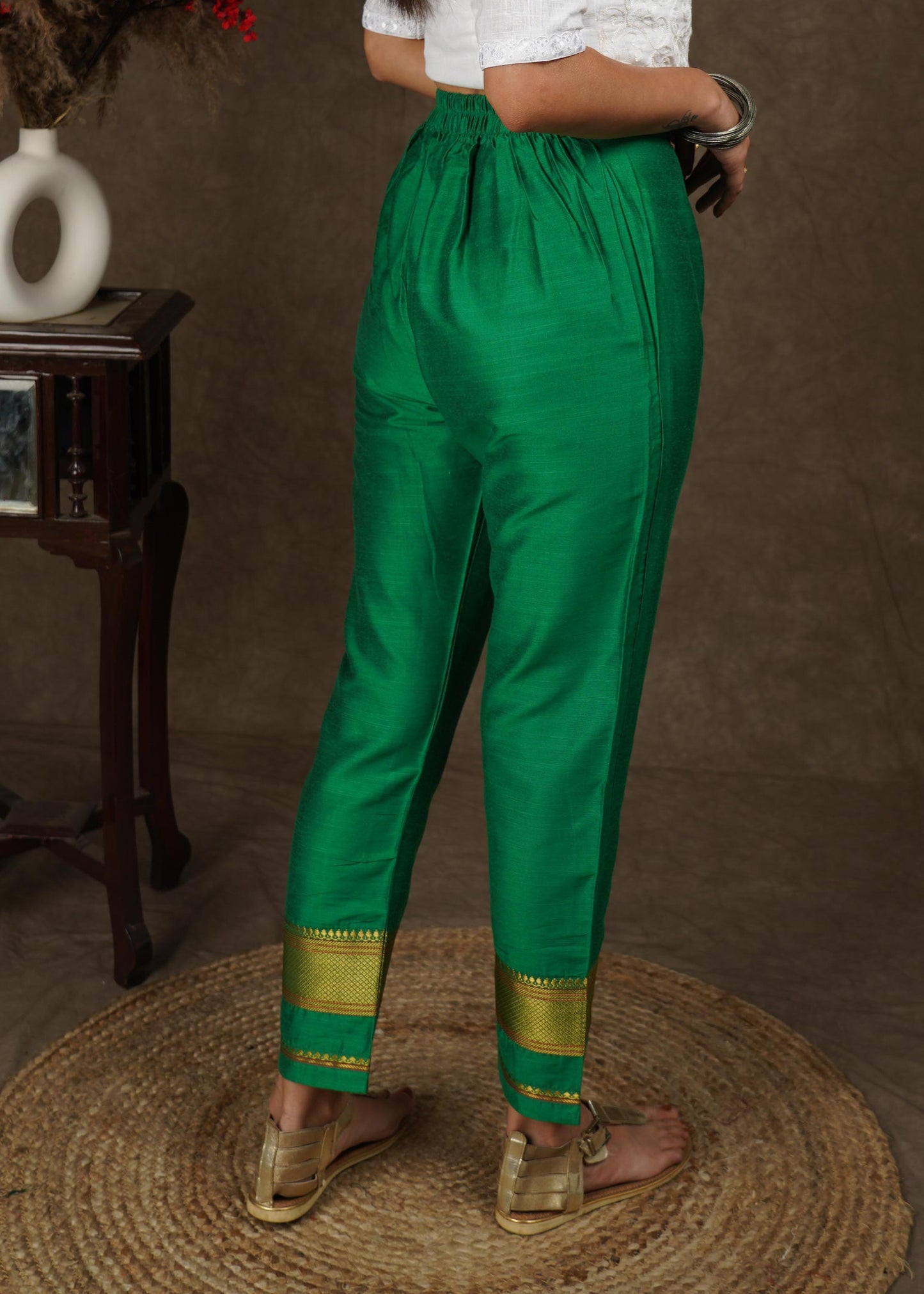 Green cotton silk narrow pant with banarasi border