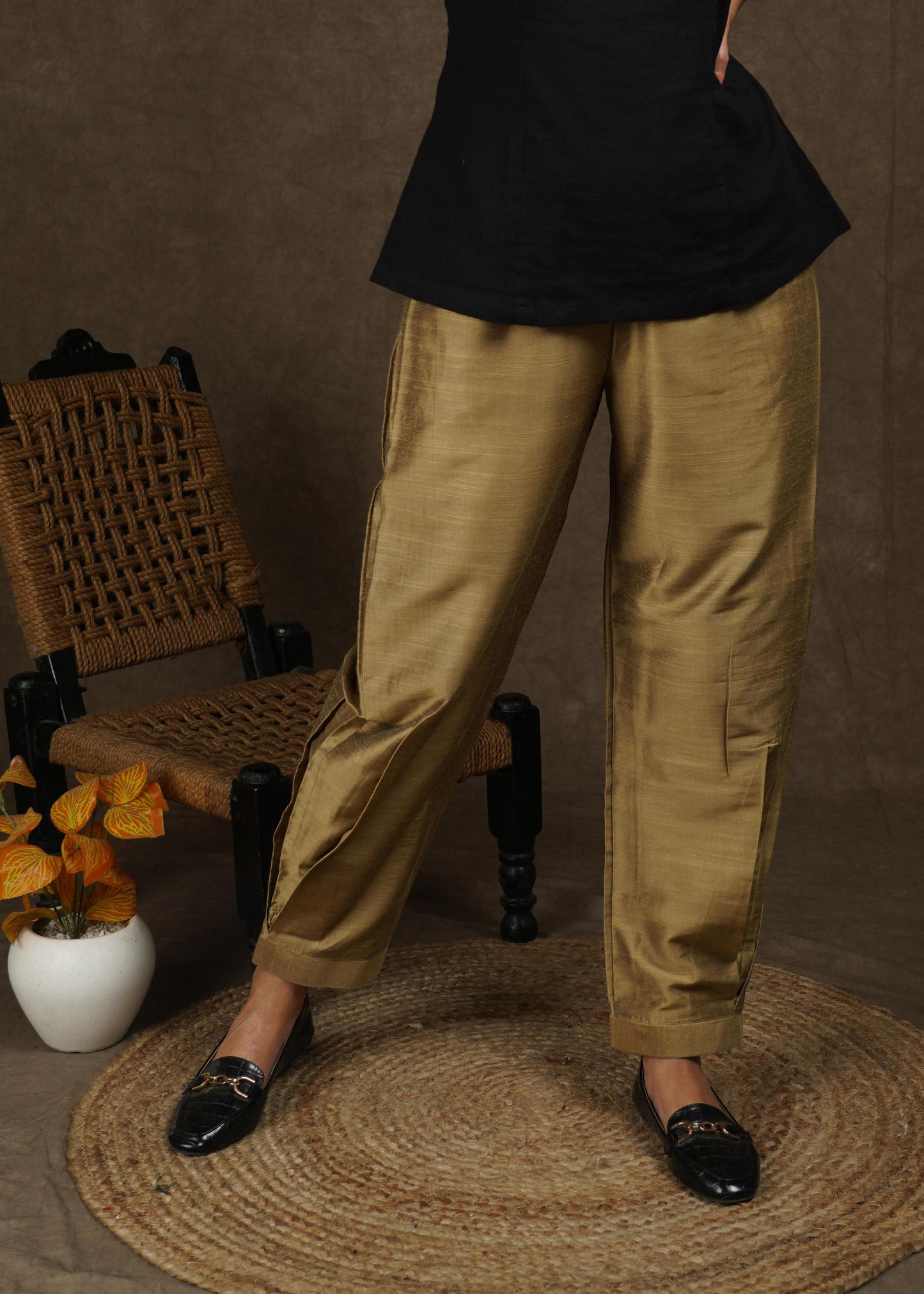 Classy tan cotton silk full length lantern pant