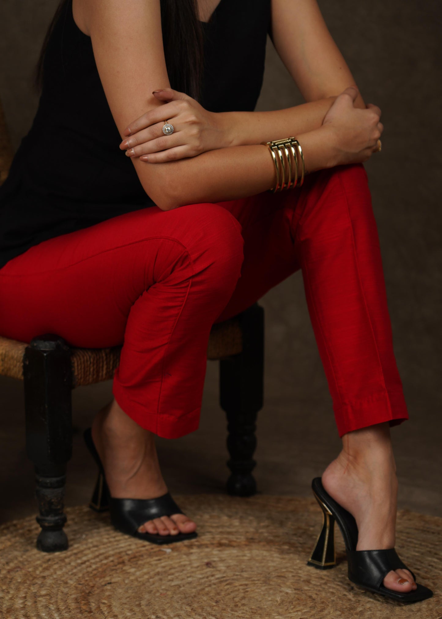 Smart casual red cotton silk narrow fitted trouser
