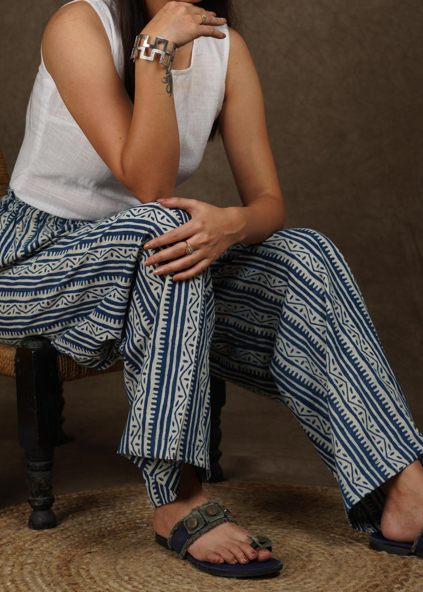 Classy indigo with stripes combination wide leg palazzo pant