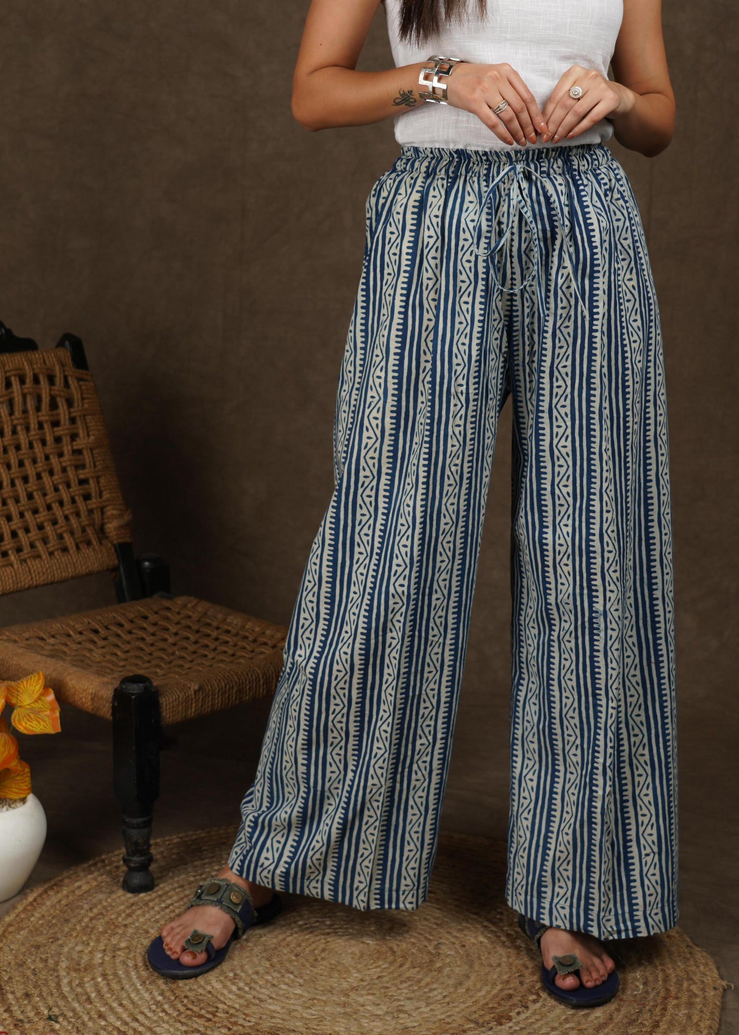 Classy indigo with stripes combination wide leg palazzo pant