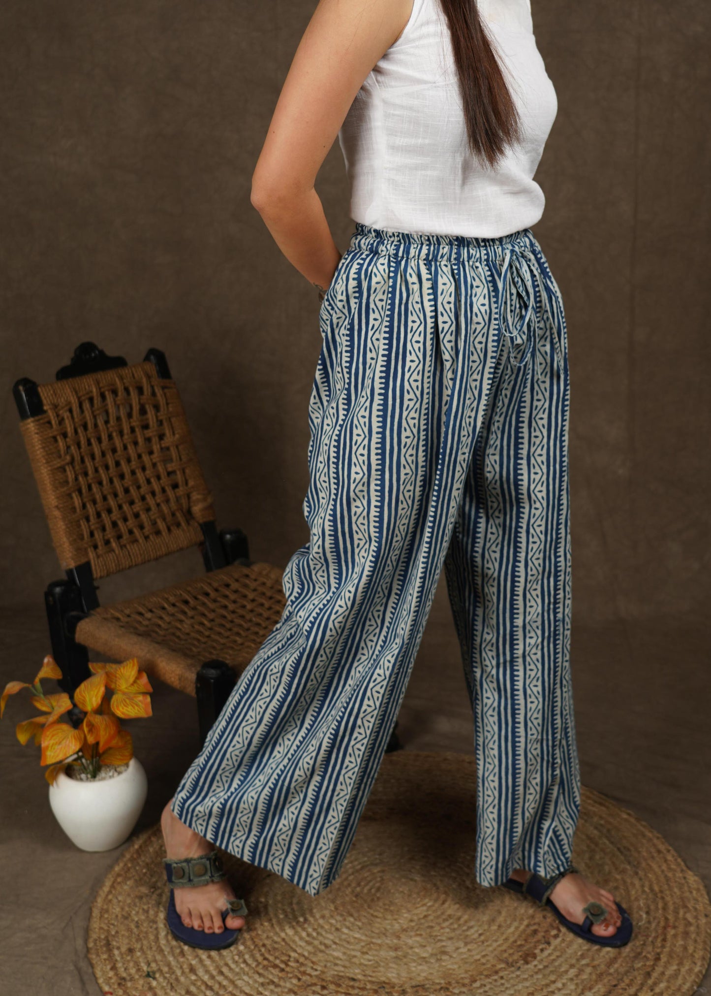 Classy indigo with stripes combination wide leg palazzo pant