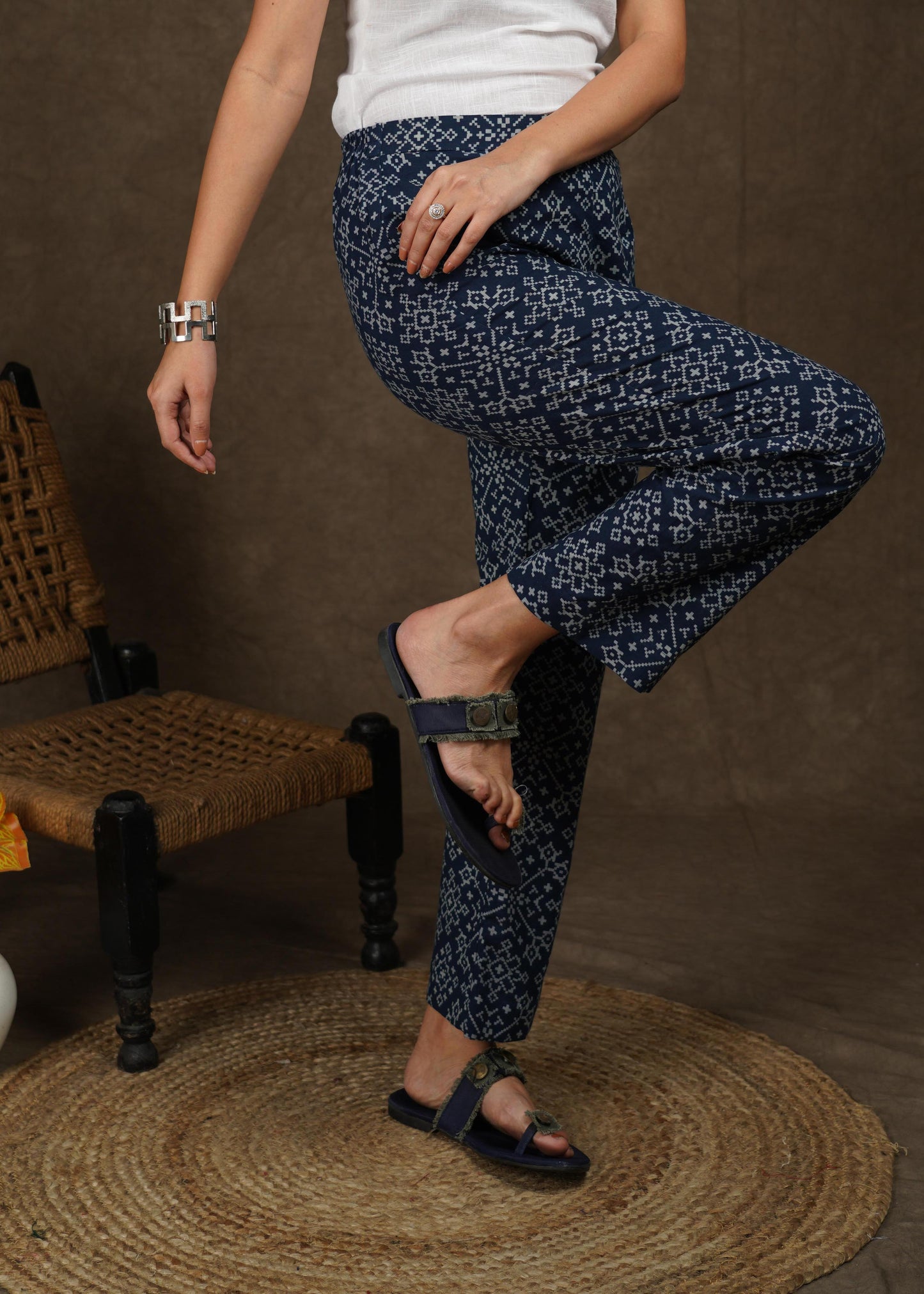 Classy printed indigo straight fit trouser