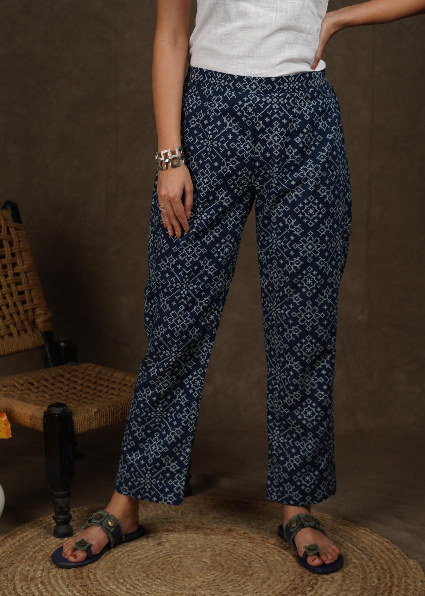 Classy printed indigo straight fit trouser