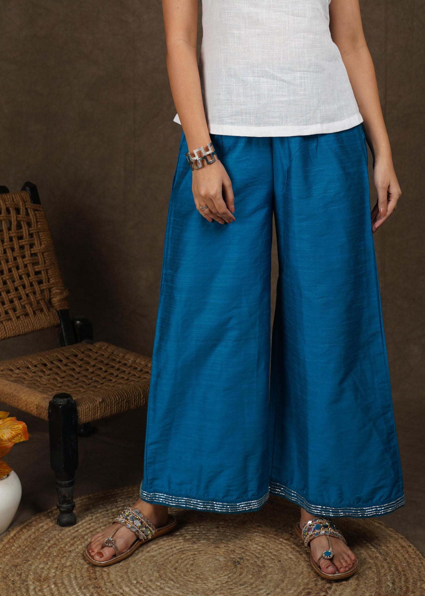 Trendy perssian blue wide leg palazzo pant with beads embroidery on the hemline