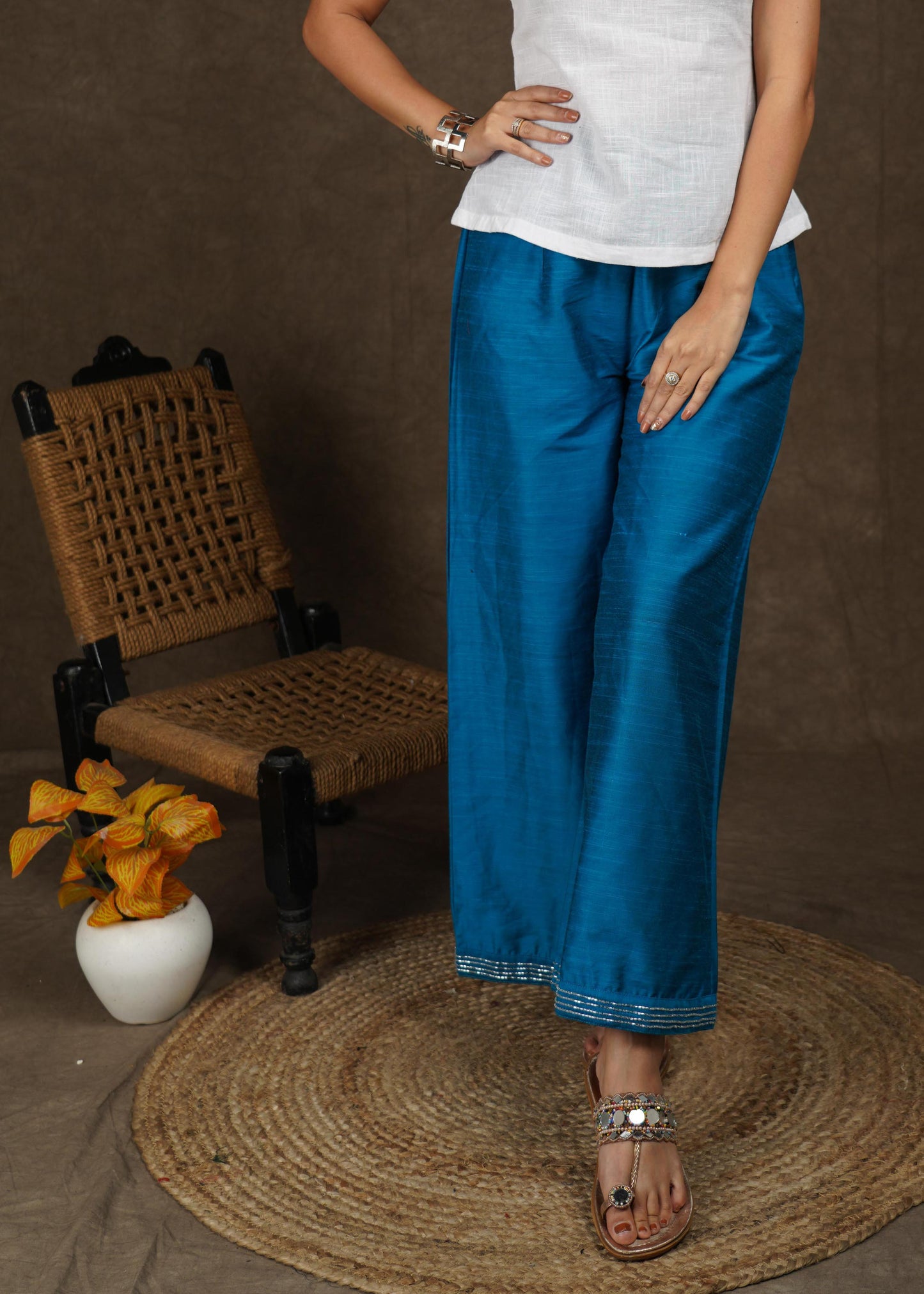 Trendy perssian blue wide leg palazzo pant with beads embroidery on the hemline