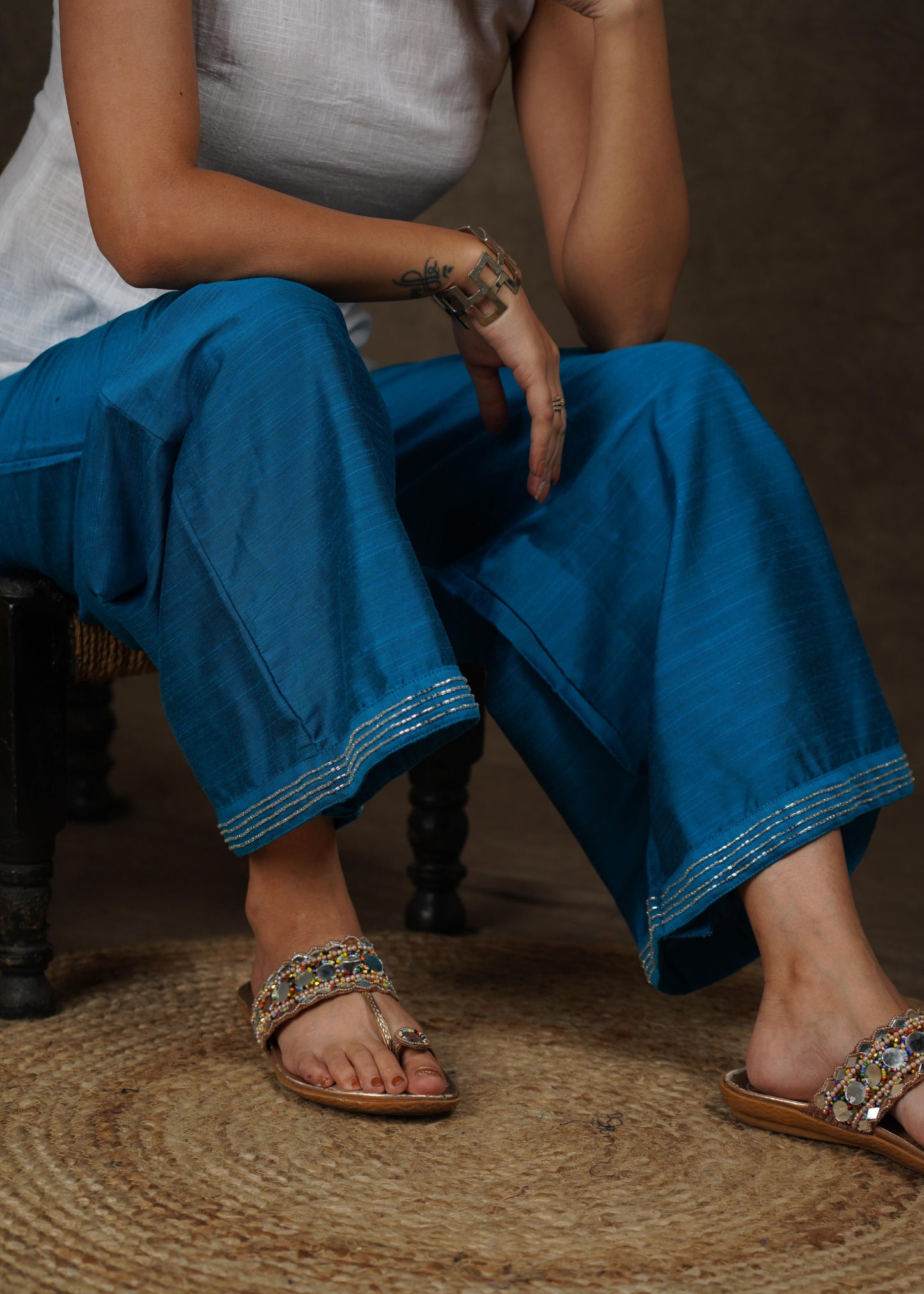 Trendy perssian blue wide leg palazzo pant with beads embroidery on the hemline