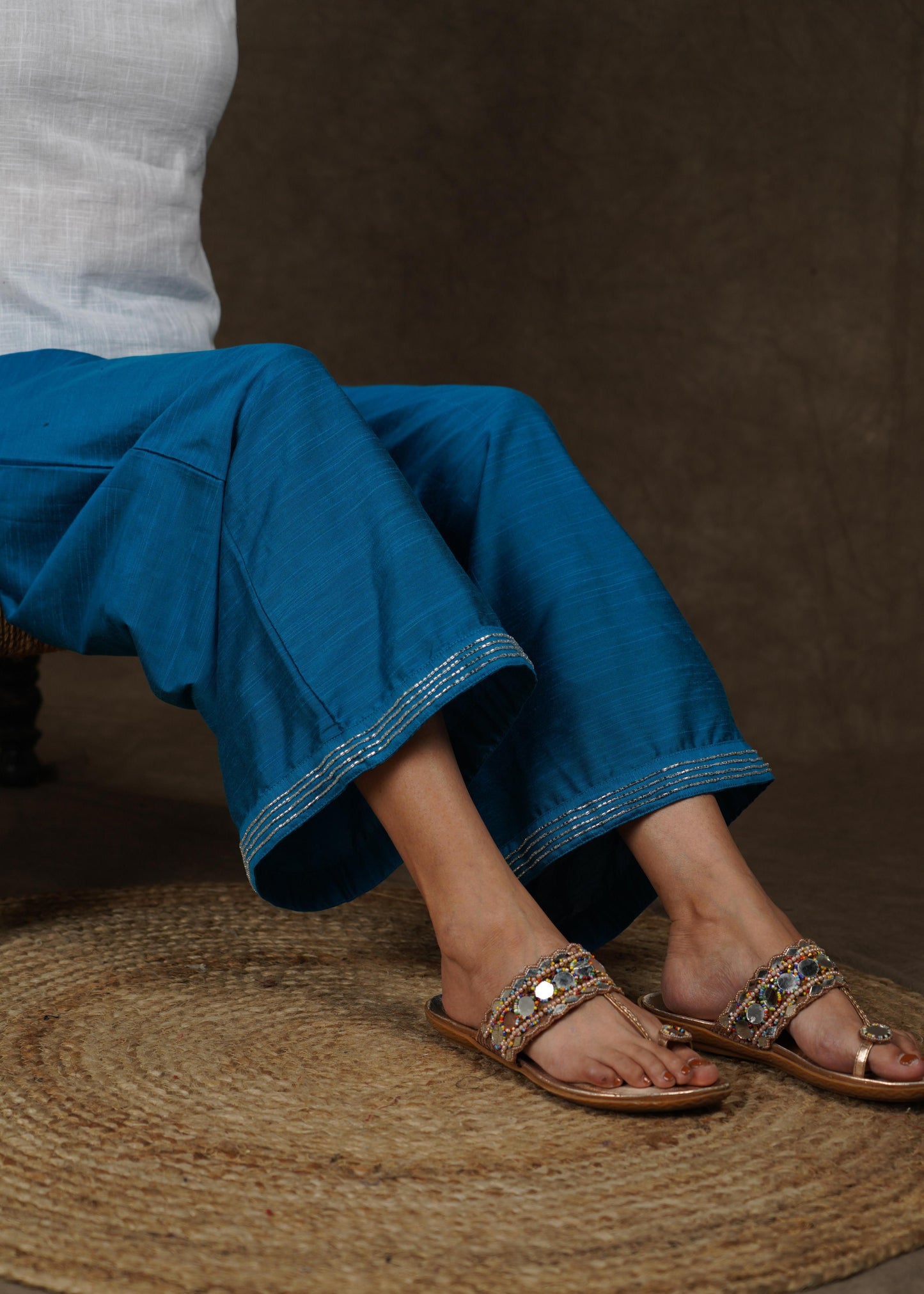 Trendy perssian blue wide leg palazzo pant with beads embroidery on the hemline
