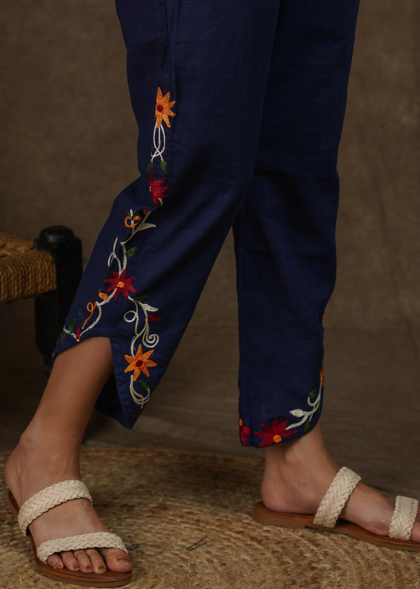 Trendy navy blue cotton trouser with beautiful embroidery on side slit