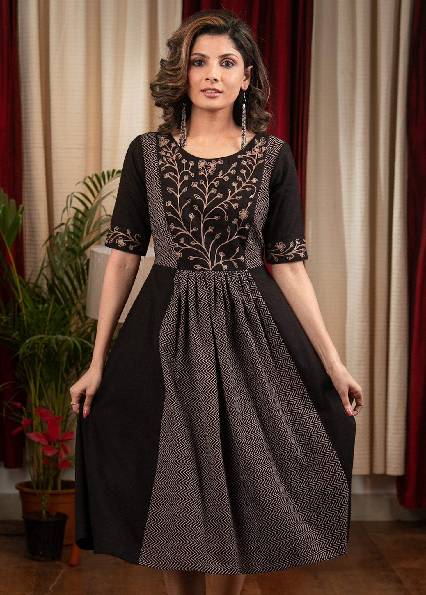 Black cotton & zigzag pattern embroidered yoke dress Black cotton & zigzag pattern embroidered yoke dress