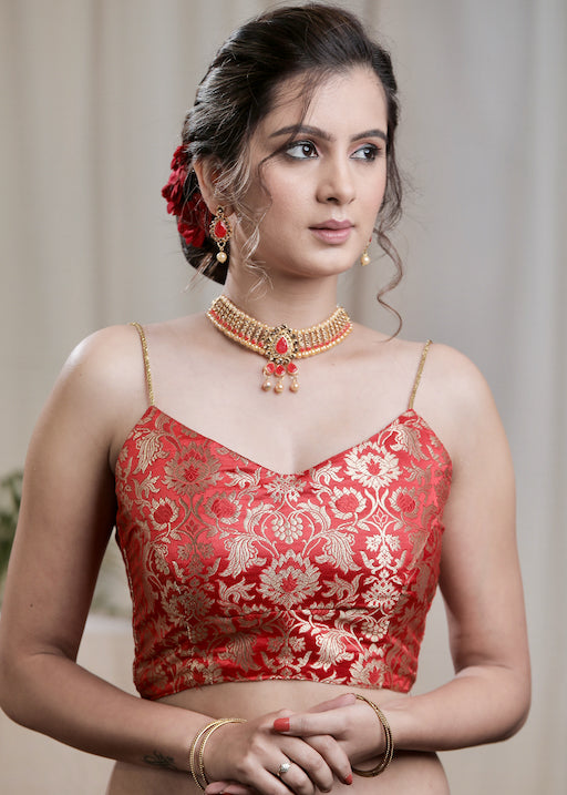Exclusive Pure Banarasi Back Open Blouse with Noodle Strap. Lining Given