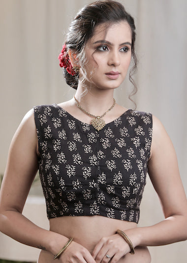 Elegant Black Ajrakh Cotton Sleeveless Blouse