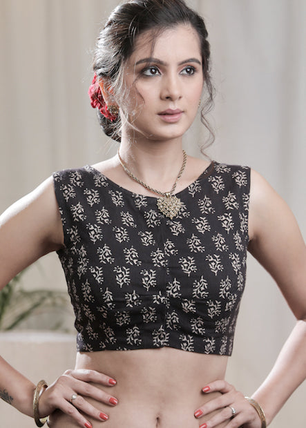 Elegant Black Ajrakh Cotton Sleeveless Blouse